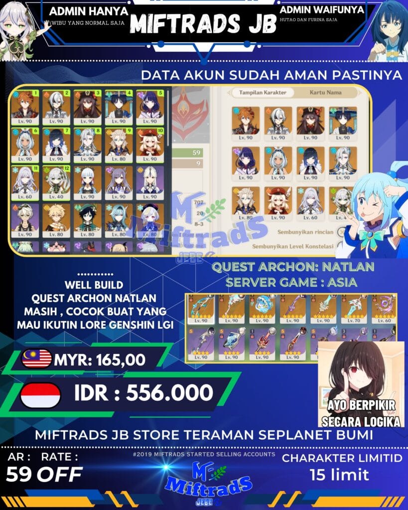 AKUN GENSHIN IMPACT - 15 LIMIT WELLBUILD | 556K akun genshin impact mid game nuvilet |130k